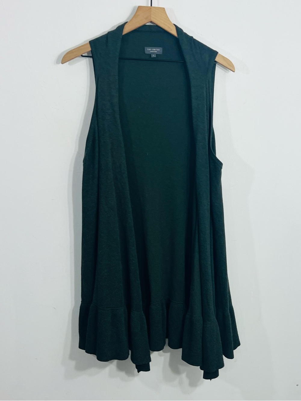 The Limited Green Rayon Nylon Knit Ruffle Open Front Sleeveless Cardigan Size L